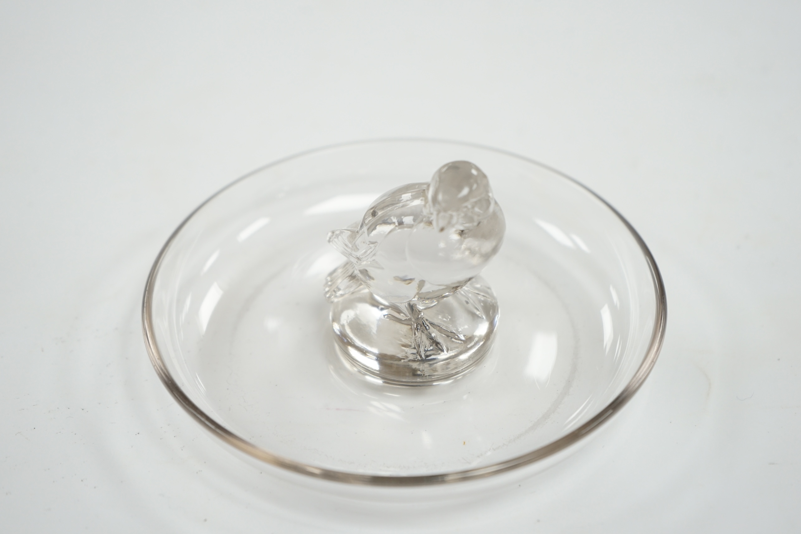 An R. Lalique Moineau glass cendrier. signed and numbered 284 Marcillac p.271, base 12cm diameter. Condition - good